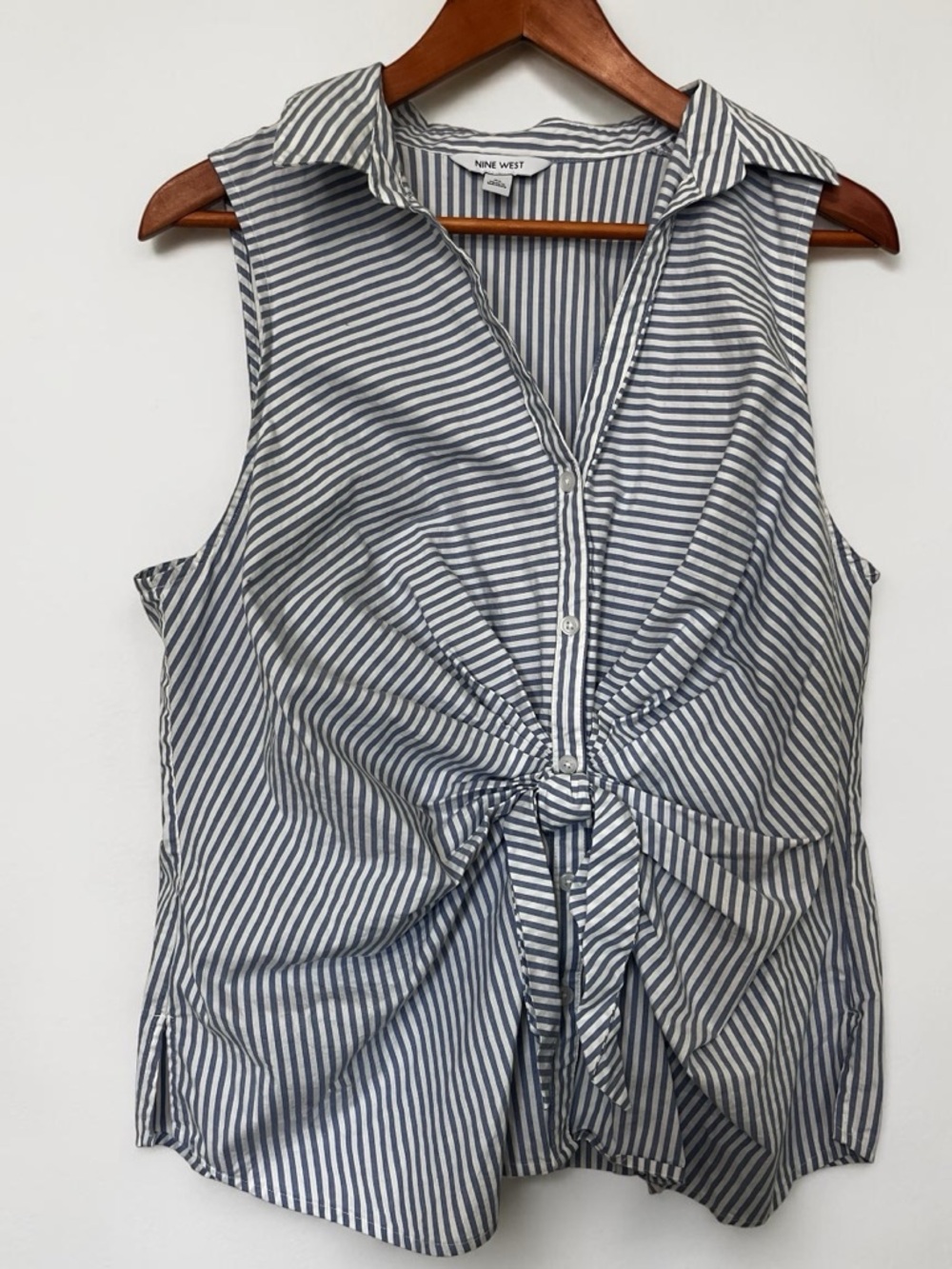 Nine West Blue and White Striped Sleeveless maritime top with front bow detail